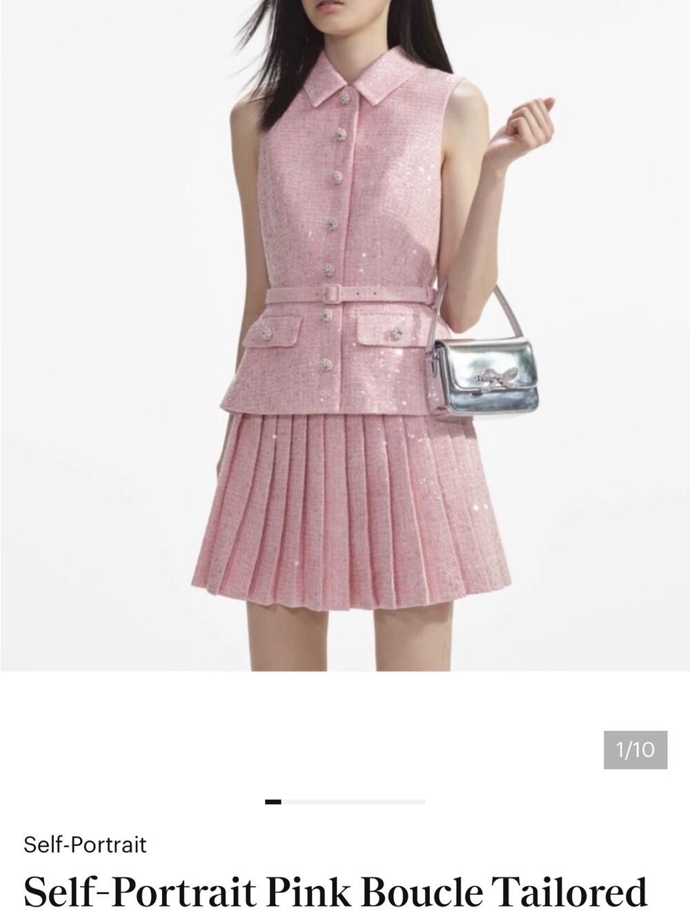 Self-Portrait Pink Bouclé Pleated Skirt Suit with Belted Waist